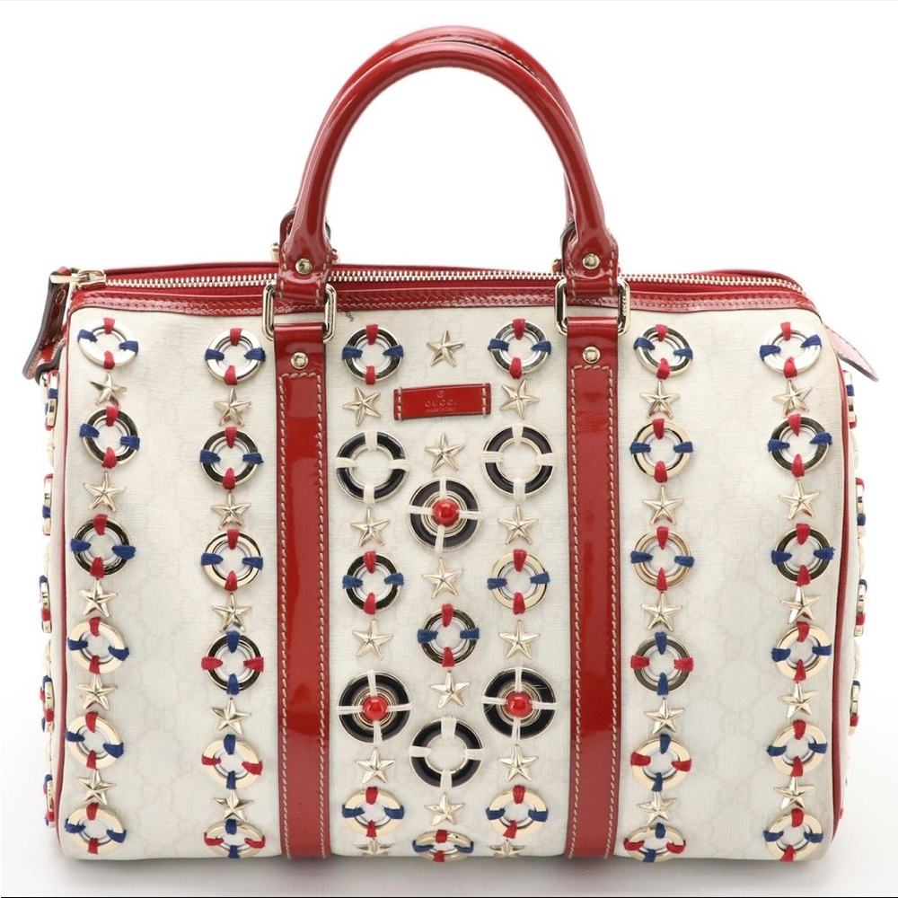 Gucci Medium Joy Boston Bag in Embellished GG Supreme Canvas and Patent Leather